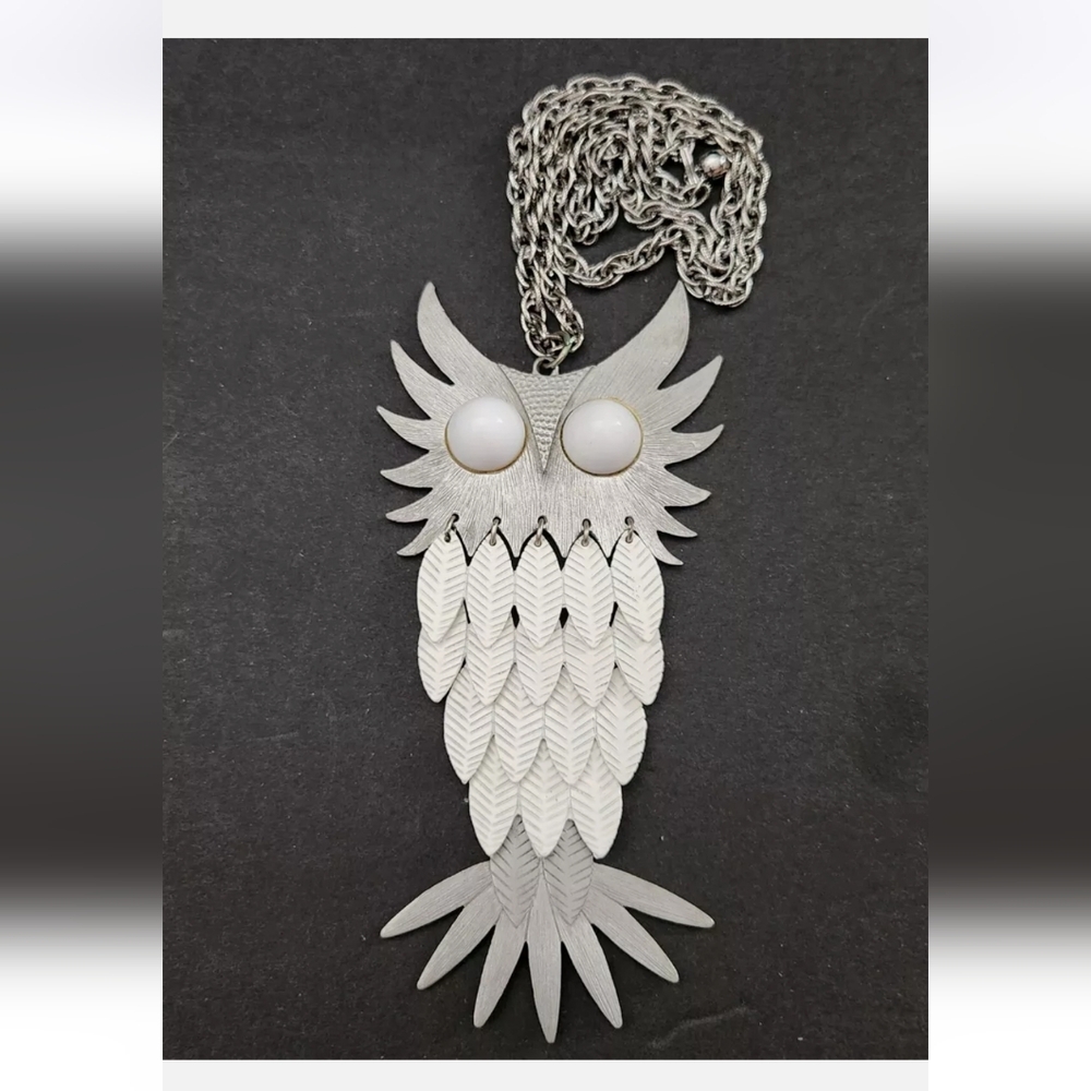 Vintage Large Articulated Owl Pewter White Pendant Necklace Dangle